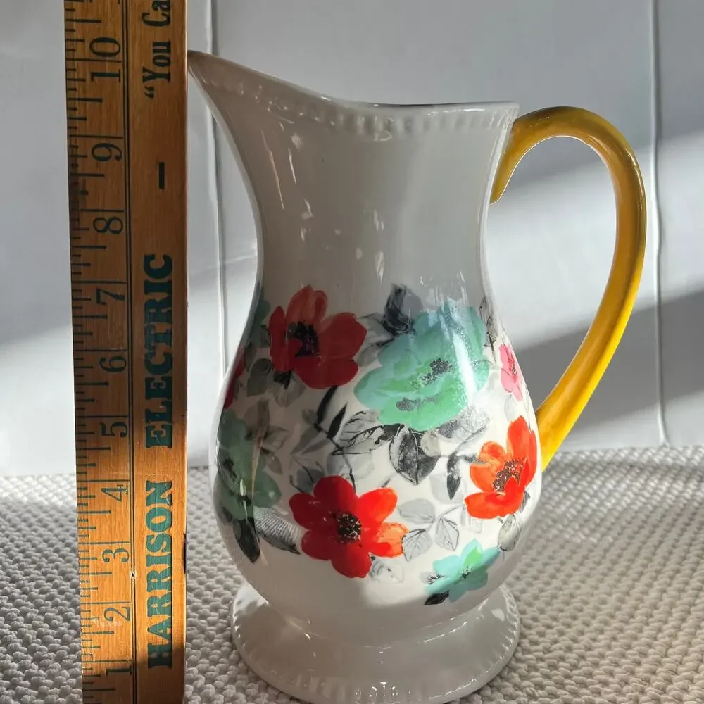 Retired Pioneer Woman Pitcher Stoneware Yellow Flea Market Floral 2 Qt